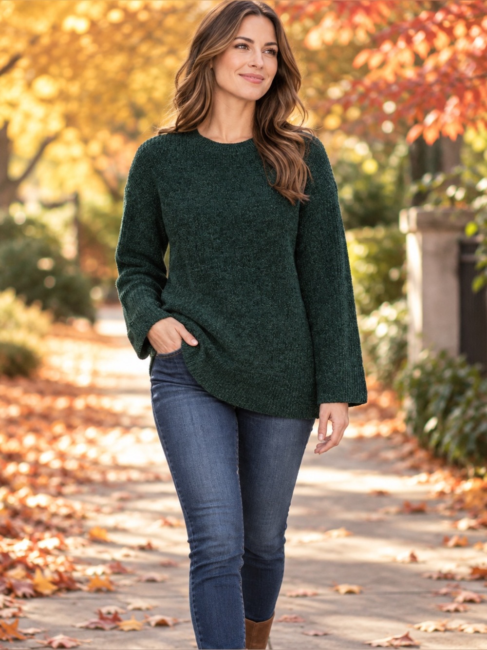 MATTY M Forest Green Plush Chenille Crewneck Sweater L
